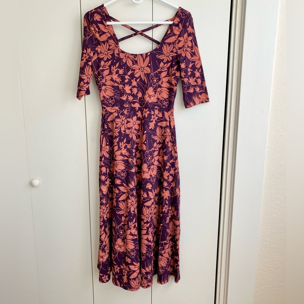 Pact organic plum botanical fit & flare midi dress